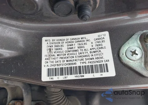 2012 Honda Civic Lx z USA, uszkodzony, nr VIN 2HGFB2F51CH583649